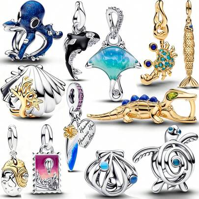 1 pieza Colgante de moda con dije de tortuga y cuentas de verano, plateado en plata, apto para pulsera, collar y manualidades, regalo ideal para vacaciones