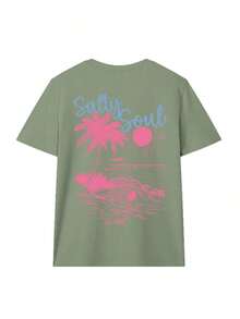 SALTY SOUL Camiseta de manga corta con cuello redondo para mujer, estampado de cocotero y sol, nueva colección primavera/verano, versátil y a la moda, esencial para uso diario y vacaciones.Camiseta Estampada de Vacaciones para Mujer - Hierba verde 2 - Ver 3
