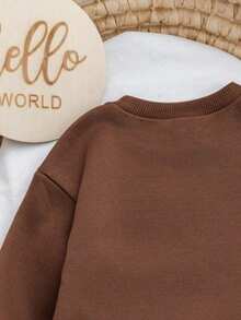 Young Girl Cartoon Print Round Neck Long Sleeve Dress - Coffee Brown - View 6
