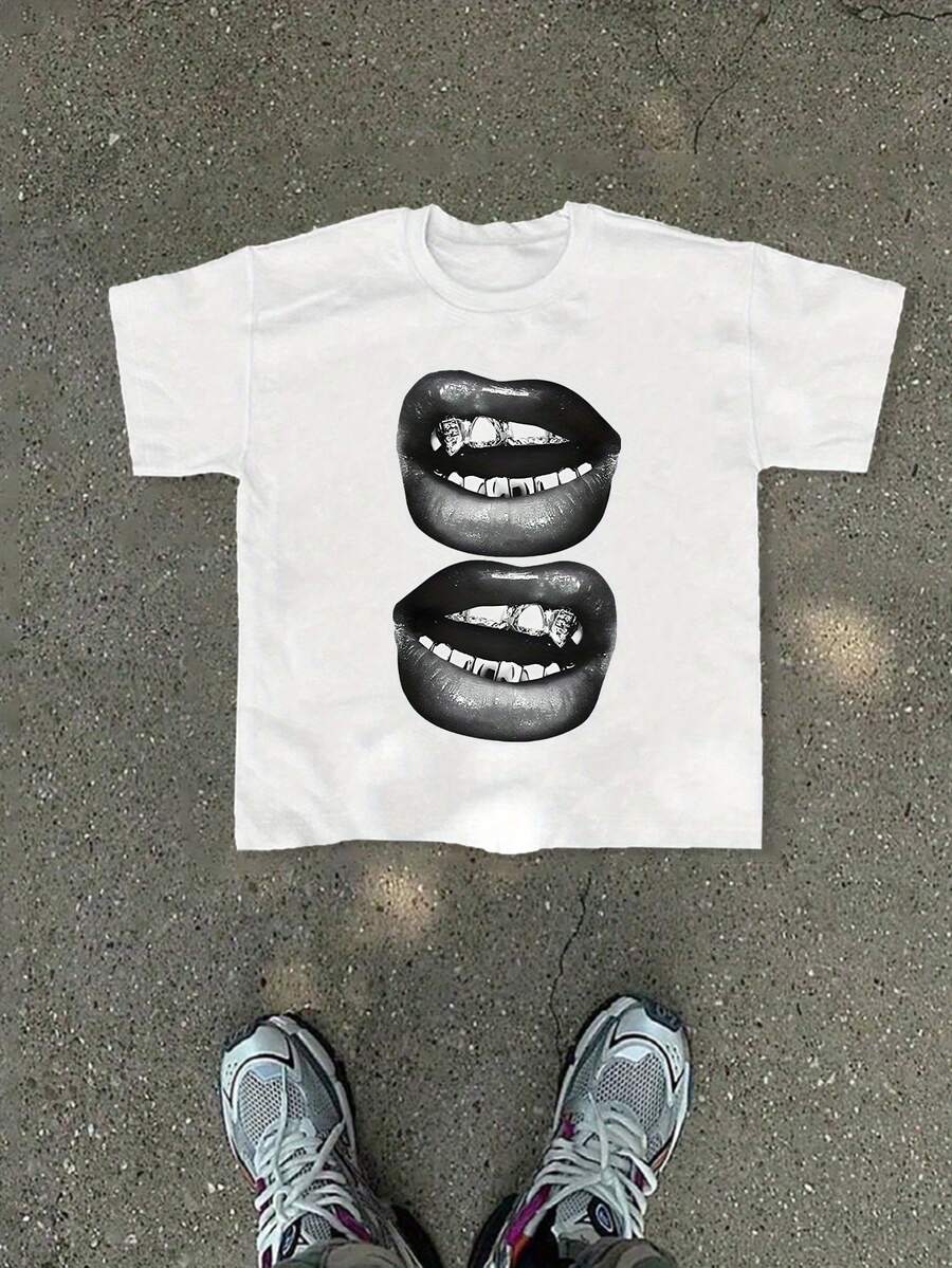 A Casual And Fashionable Men's T-Shirt With Lip Pattern Printed Knitted Top, Suitable For Holiday - White - View 1
