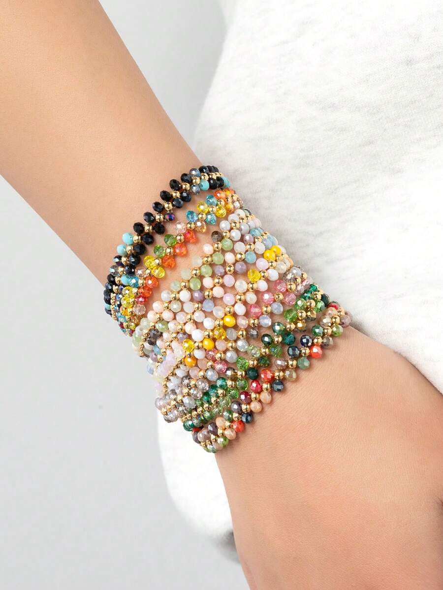 1pc Women's Fashion Minimalist Crystal Elastic Bracelet, Versatile & Suitable For Vacation Wear - Multicolor - View 1