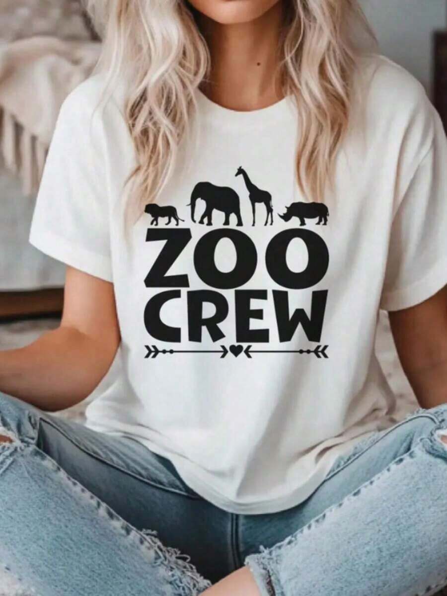 1 Zoo Day T-Shirt, Animal Print T-Shirt, Matching Set For Family Zoo Trip, Wild Animal Themed T-Shirt, First Zoo Visit Gift, Jungle T-Shirt, Women's Oversized Graphic T-Shirt, 100% Cotton, Casual Crew Neck, Short Sleeve, 1 180g 100% Cotton Fashion T-Shirt, All Designs Are Printed. Unisex. - white002 - 查看 1