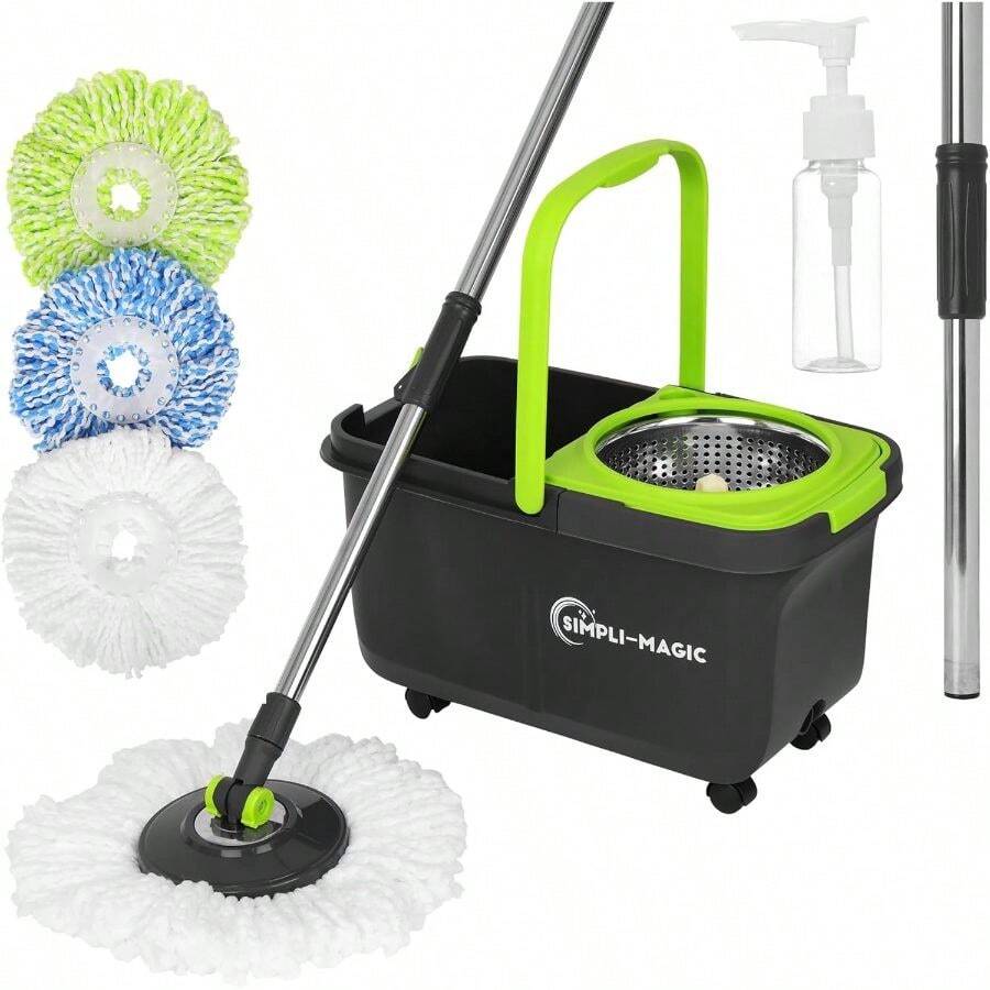Simpli-Magic 360 Spin Mop And Bucket With Wringer - 3 High-Absorbent Microfiber Washable Heads, Soap Dispenser - Spinning Mop And Bucket Set All Types Floor Cleaning - 黑色/綠色 + 旋轉拖把 - 查看 1