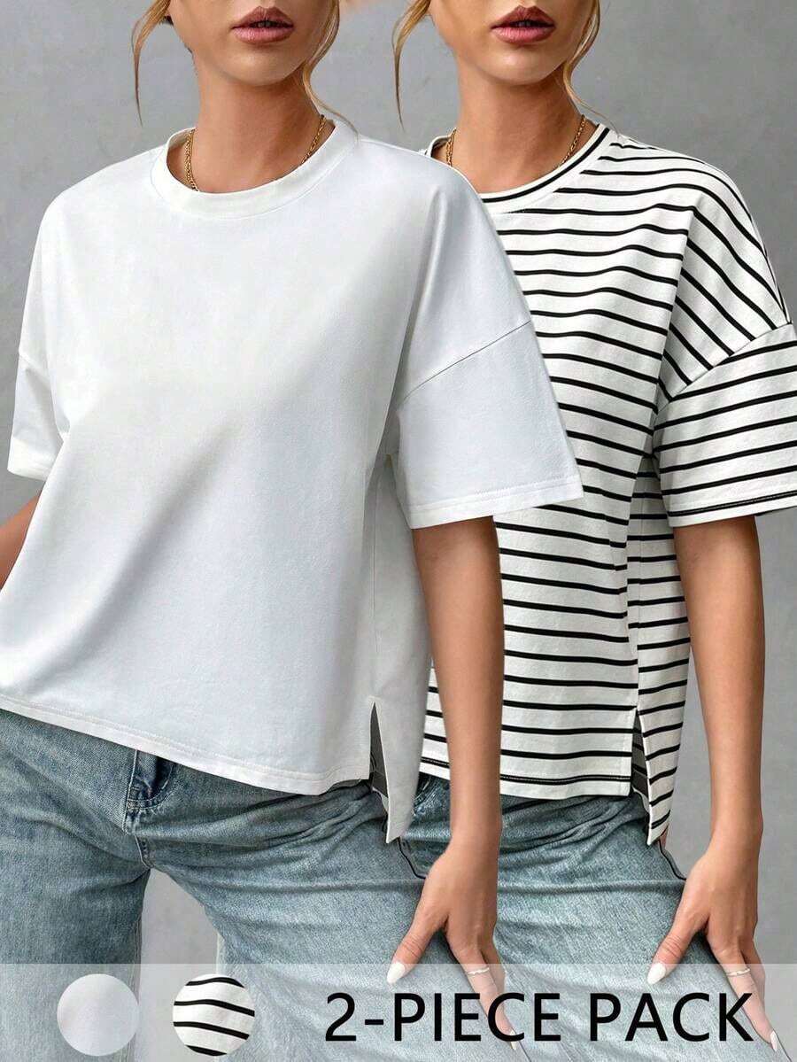 Camiseta holgada de estilo minimalista casual para mujer, con parte delantera corta y parte trasera larga, versátil para usar en la calle, adecuada para primavera y verano - Multicolor - Ver 1