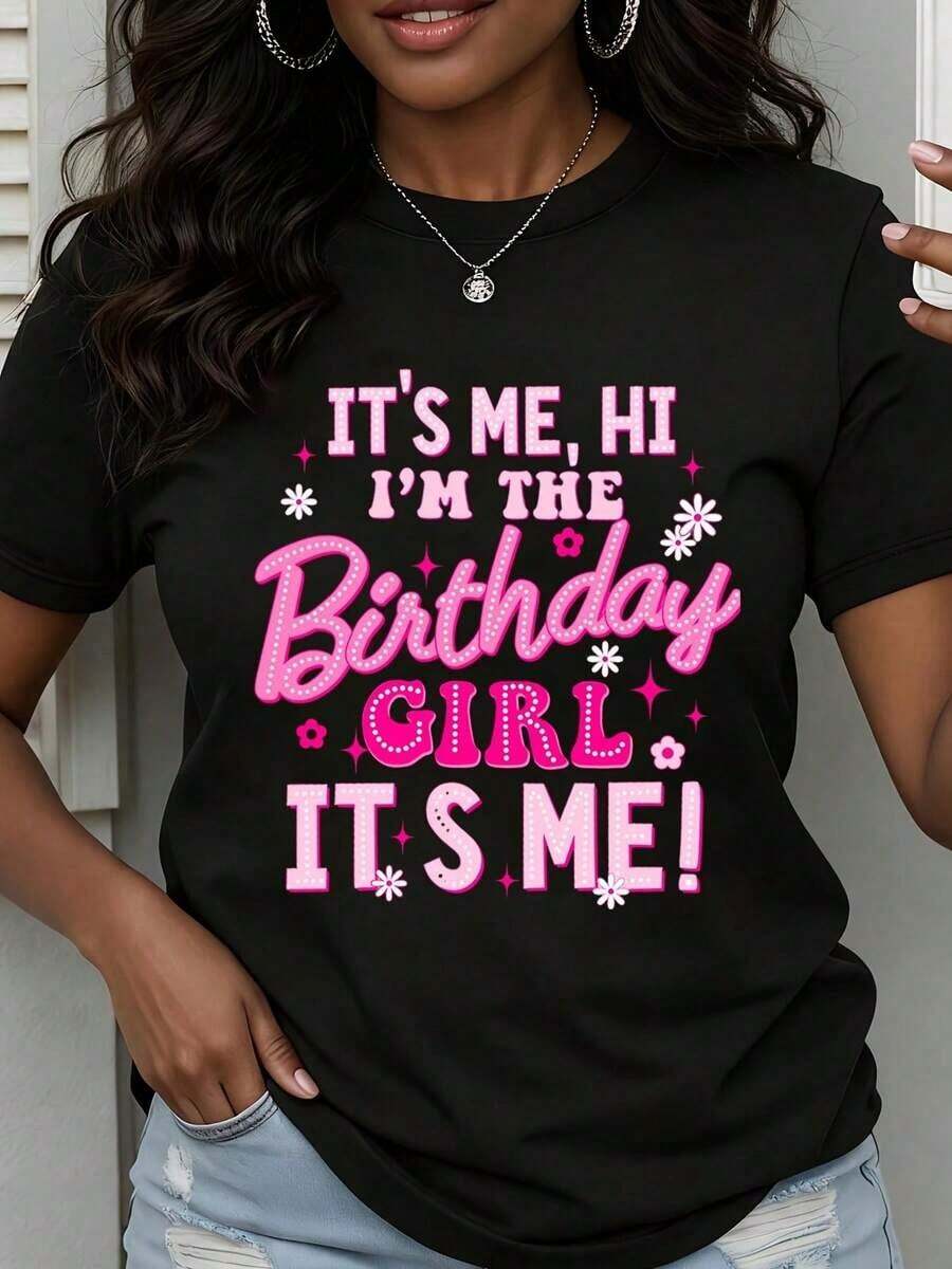 Camiseta de Cuello Redondo para Mujer con Estampado Floral Rosa 'Soy Yo, Hola, Soy la Celebrante de Cumpleaños', Manga Corta, Casual, para Fiesta, Celebración, Regalo de Cumpleaños - Negro - Ver 1