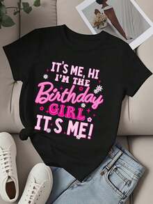 Camiseta de Cuello Redondo para Mujer con Estampado Floral Rosa 'Soy Yo, Hola, Soy la Celebrante de Cumpleaños', Manga Corta, Casual, para Fiesta, Celebración, Regalo de Cumpleaños - Negro - Ver 2