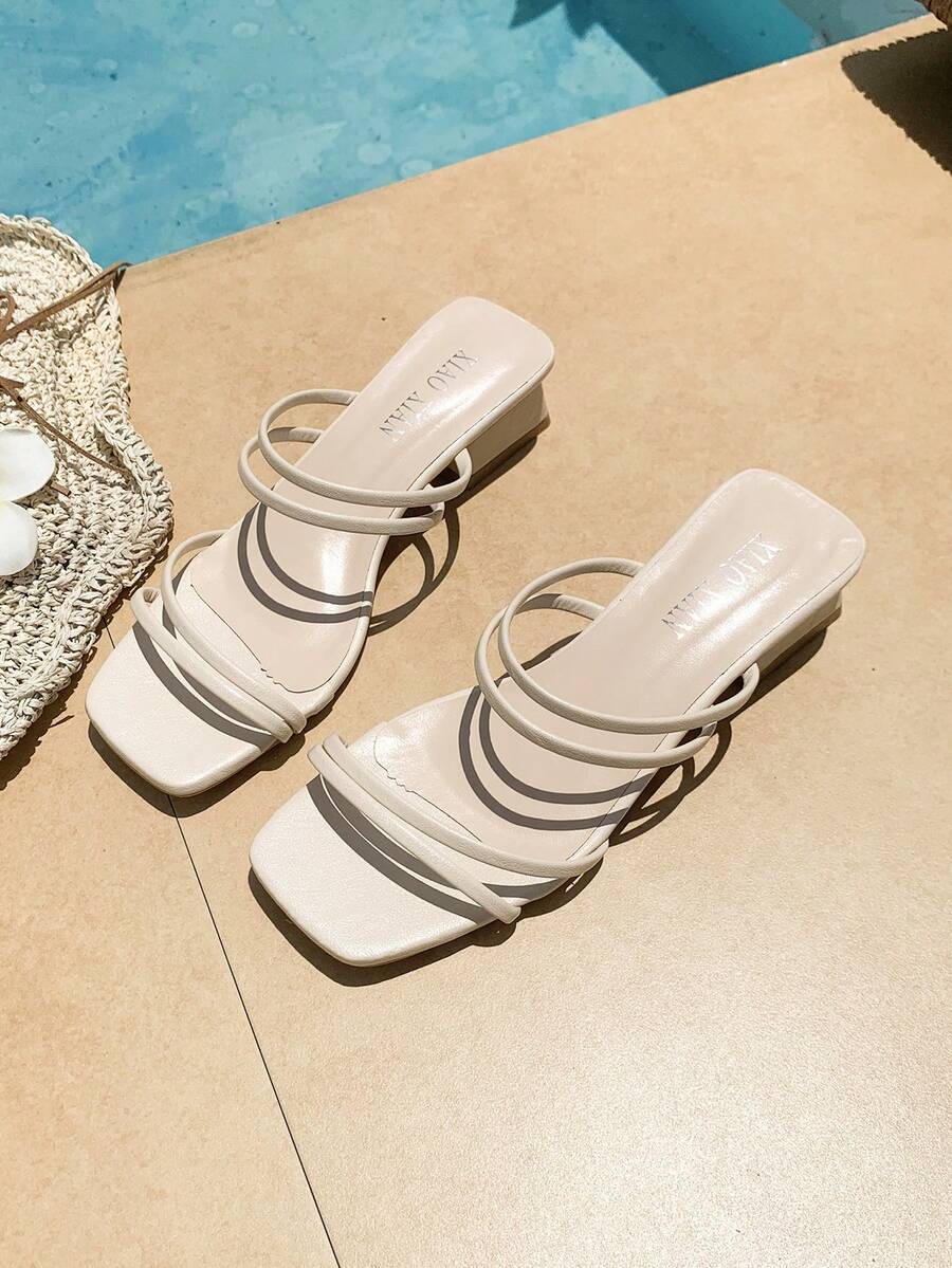 Summer Campus Style French Thick Heel Strap Sandals, Versatile Thin Strap Roman Slippers For Girls - Beige - View 1