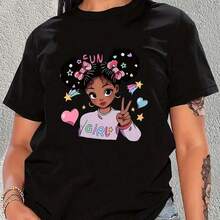 Una encantadora camiseta holgada de cuello redondo con estampado de niña de dibujos animados, confeccionada en tejido de punto elástico deportivo, adecuada para todas las estaciones, ropa de Halloween, ropa de mujer, camisa de mujer,  de otoño, adecuada para Pascua, Halloween, Día de Acción de Gracias, etc. Adecuado para primavera, verano y otoño. - Negro - Ver 8