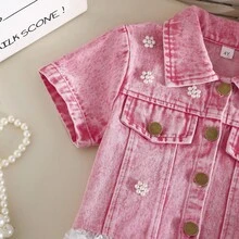 Girls' Pink Denim Lace Trim Short Sleeve Top + Pleated Skirt 2 Pieces Set, Spring/Summer Casual, School, Photo Shoot - Pink - View 4