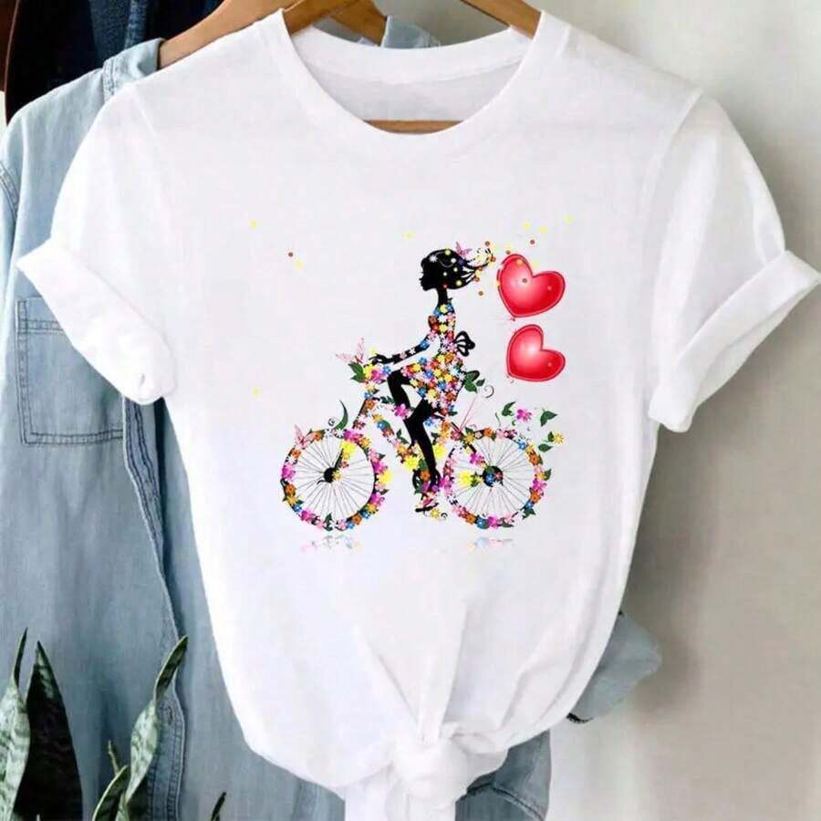 Camiseta de mujer moderna, informal, para fiestas y para estar en casa, 100% algodón, corte holgado. . De corte holgado. Camiseta de Moda para Mujer, Estampado Floral y de Bicicleta, Camiseta de Dibujos Animados para Mujer, Ropa Urbana, Tops, Ropa Estética, Camiseta Oversize, Estilo Urbano Vintage, Unisex, Holgada, de Algodón, Manga Corta, Cuello Redondo, Blusas Casuales - Blanco - Ver 1