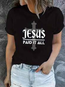 Women's Modern, Casual T-Shirt, Perfect For Parties And Lounging At Home, 100% Cotton, Loose Fit. [ReligiousGraphicTee] Women's Casual Short Sleeve Crew Neck T-Shirt, Christmas Jesus Print With Cross Design 'JESUSPAIDITALL', Soft And Stretchy Fabric, Machine Washable, For Summer, Vintage Urban Style, Unisex, Loose Fit Cotton Short Sleeve Crew Neck T-Shirt - 黑色 - 查看 7