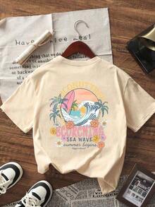 Tropical Vacation Sets 2026, New Simple Summer Fashion, White Short Sleeve T-Shirt With Round Neck And Surf Wave Print, Versatile And Fashionable Top For Women In Pink, Loose And Comfortable Summer Tops, Summer Clothes - Vintage Urban Style, Unisex Cotton Short Sleeve T-Shirt With Round Neck, Blouses For Women, Women's T-Shirts, Casual Blouses For Ladies. - 杏色 - 查看 2