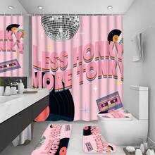 Bộ 4 món đồ dùng phòng tắm phong cách disco, bao gồm rèm tắm, thảm toilet, nắp bồn cầu và thảm bồn tắm, phụ kiện phòng tắm màu hồng retro. - A - Xem 10