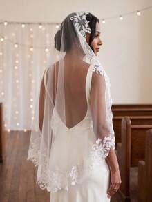 1pc Mantilla Style Lace Trim Fingertip Length Bridal Veil With Comb, White/Ivory,Festival,Birthday - Multicolor - View 5