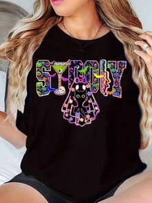 Camiseta de Mujer con Estampado Colorido SIPPY de Gato y Cóctel, Diseño Casual para Verano - Negro - Ver 1