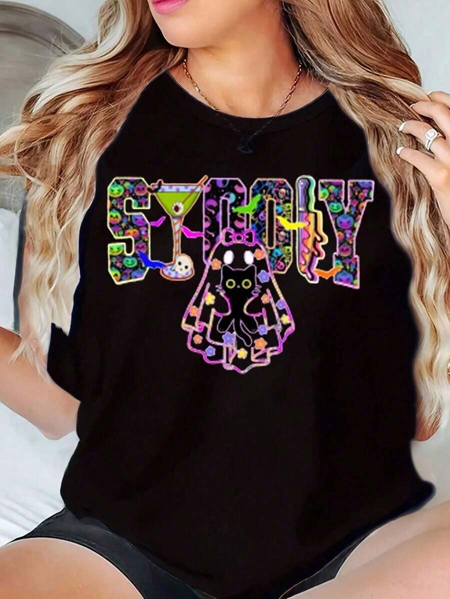 Camiseta de Mujer con Estampado Colorido SIPPY de Gato y Cóctel, Diseño Casual para Verano - Negro - Ver 1
