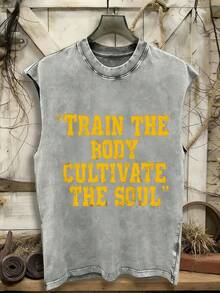 Summer Tops2026100% Cotton Sleeveless Vest 210G Washed T-Shirt 'TRAIN THE BODY CULTIVATE THE SOUL' - Vintage Distressed Fitness Tank Top For Men & Women, Breathable Summer Workout Shirt With Bold Yellow Typography, Perfect Gift For Christian Believers, Gym Enthussummer Clothes - Xám - Xem 1