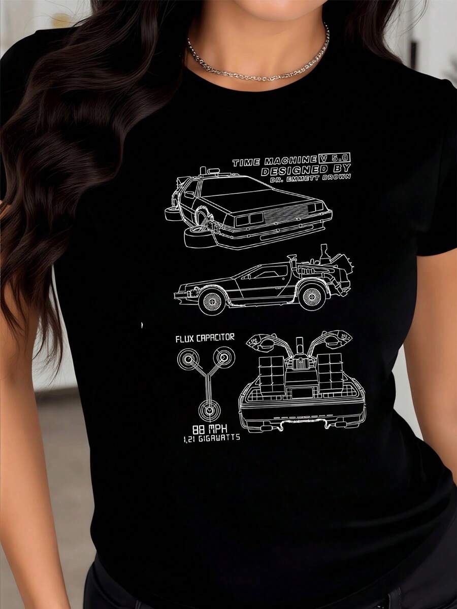 Futuristic Car With Technical Blueprints Symbolizing The Power Of Imagination And The Scientific Quest For Time Travel, Showcasing Energy And Movement. Modern Casual Women's T-Shirt - 黑色 - 查看 1