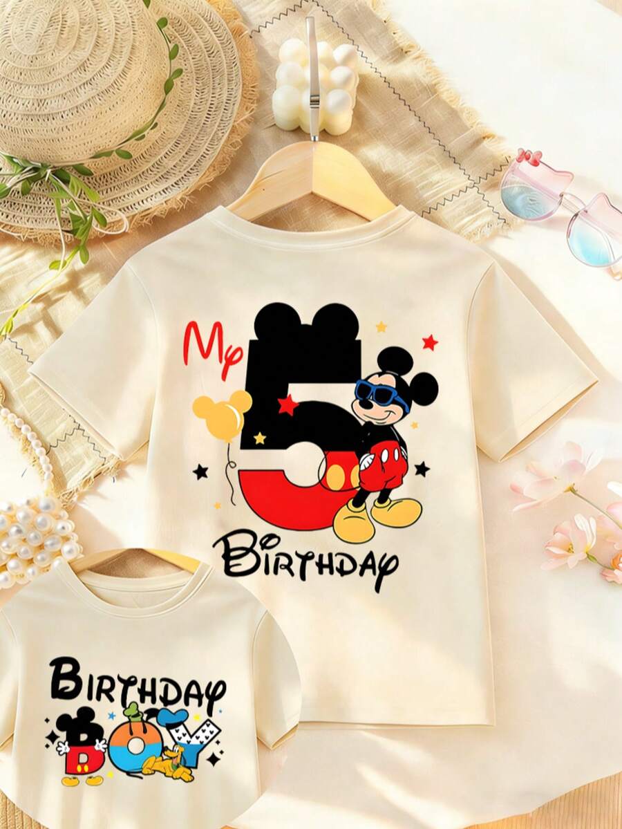 Disney My 5th Birthday Mickey Mouse Boys T-Shirt 2-14Y Casual Short Sleeve Top For Kids Birthday Gift Express Delivery - Màu be - Xem 1