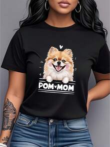 Women's Pure Cotton T-Shirt, Women's Pure Cotton T-Shirt, Light Gray T-Shirt With Pomeranian Design For Pet Lovers - "POM MOM" Print, Short Sleeve, Soft And Comfortable For Everyday Wear, Machine Washable Gift For Pet Moms, Casual Dog Themed Style Suitable For All Seasons. - 黑色 - 查看 7