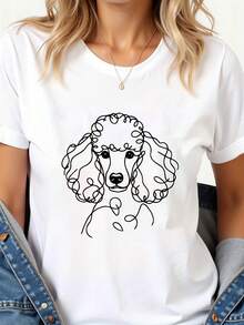 Camiseta de Cuello Redondo con Estampado Casual de Moda Minimalista con Diseño de Poodle para Mujer - Blanco - Ver 7