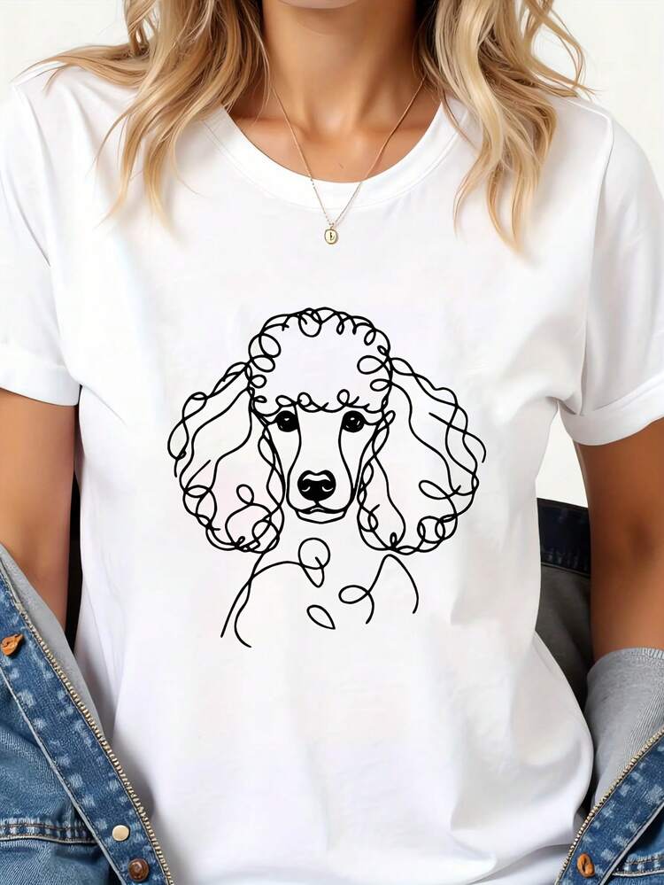 Camiseta Vintage para Mujer con Estampado de Poodle, Diseño de Líneas Simples, Estilo Casual y a la Moda, Cuello Redondo - Blanco - Añade 8