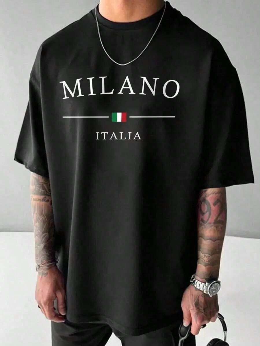 Soft 100% Cotton T-Shirt, Short Sleeve T-Shirt With Letter Print, Casual Slim Fit For Men, Breathable Cotton T-Shirt, Goes With Everything, Great. - 黑色 - 查看 1