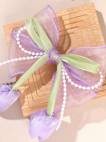 1pc Purple Tulip Hair Bow For Women Elegant Faux Pearl Chain Bow Hair Clip Purple Organza Bow Alligator Clip Romantic Bead Chain Bow Hair Barrette Cute Flower Hairpin For Daily Party & Holiday Women Hair Accessories,Travel,Birthday, Claw Clips - Purple - View 5