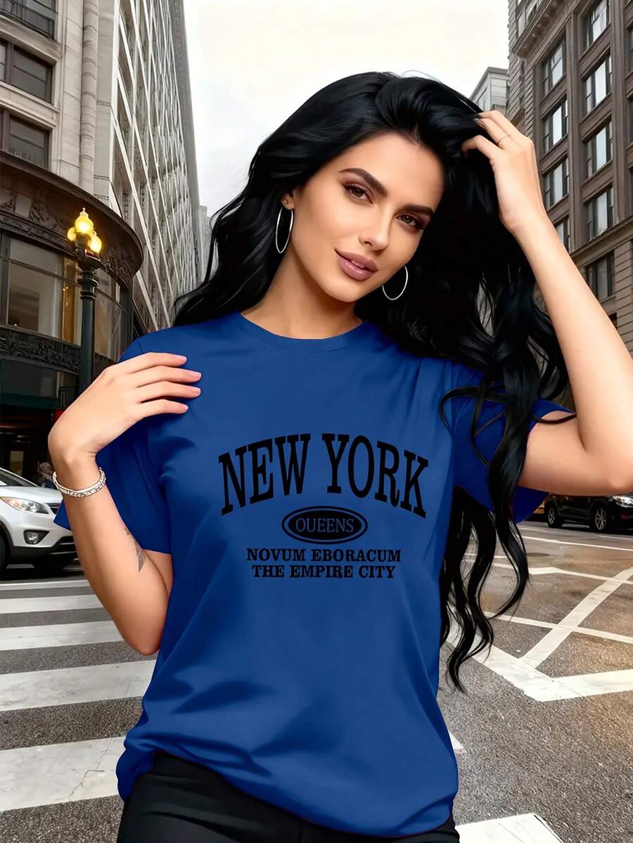 Soft 100% Cotton Letter Print T-Shirt, Breathable And Fashionable, For Family Trips, Campus, Casual Wear, Everyday Wear, Sister Sets, Versatile T-Shirt 5814, Breathable Cotton T-Shirt, Goes With Everything. - 藍色 - 查看 1