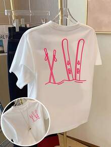 VivaGlam-[Front and Back Double Image] Women's T-Shirt, Front and Back Spliced Snowboard, Ski Pole Print Fashion Short Sleeve, Double-Sided Pattern  Design, Women's Daily Wear- Round Neck Casual T-Shirt, Comfortable Fit, Casual Travel Sports Styl - Blanco - Ver 2