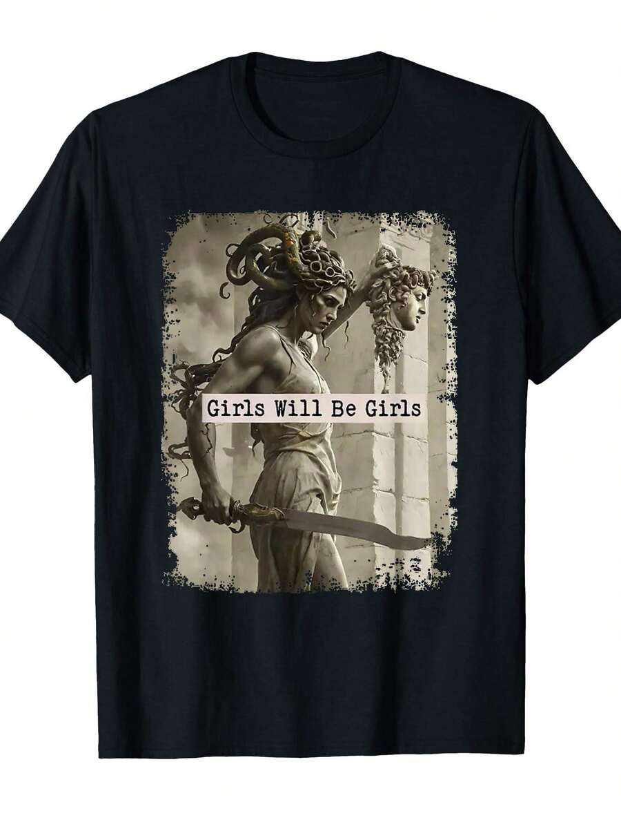 Camiseta de Cuello Redondo para Mujer con Estampado de Medusa "Just Want to Have Fun" - Acabado Desgastado, Ideal para Uso Casual en Primavera, Verano y Otoño Y2k Camiseta Camisa De Y2k Camiseta Camisa De - Blanco - Ver 1