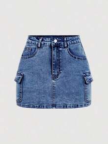 Minifalda casual cargo de mezclilla lavada para mujer - Azul lavado oscuro - Ver 1