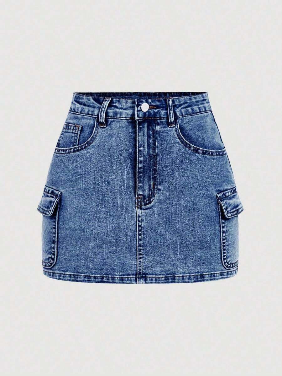 Minifalda casual cargo de mezclilla lavada para mujer - Azul lavado oscuro - Ver 1