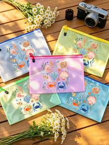 Multi Color Waterproof Fashionable Mesh Beach Bag, Colorful "Marine Creatures And Shells" Printed Makeup Bag, Beach Theme. Large Capacity Transparent Makeup Bag - Multicolor - View 4