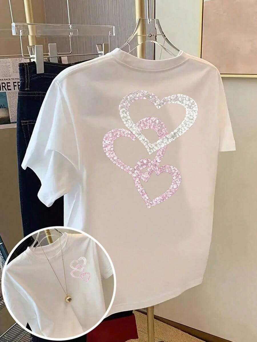 Women's Casual Short Sleeve T-Shirt, Summer 2026, Heart Print, Pink Heart Design On Front And Back, Fashionable Short Sleeves, Double-Sided Design - Personalized Style, Women's Everyday Wear - Casual Round Neck T-Shirt, Medium Stretch Fabric - Comfortable Fit. Plus Size Women's Summer Clothing, Free Clothing For National Independence Day - 白色 - 查看 1