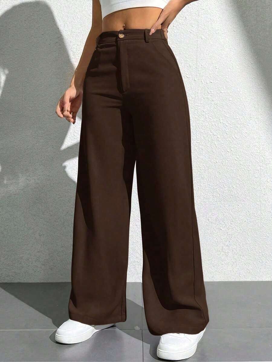 Pantalones anchos de unicolor informal para mujeres - Café integral - Ver 1