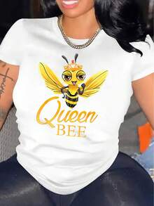 Women's Queen Bee Graphic T-Shirt - Cartoon Crowned Bee Print, Casual Short Sleeve Top, Black And Yellow Summer T-Shirt, Soft And Stretchy Crew Neck, Machine Washable, Bee Clothing, All Season Top, Casual Wear, Medium Elasticity T-Shirt Y2k - 白色 - 查看 1