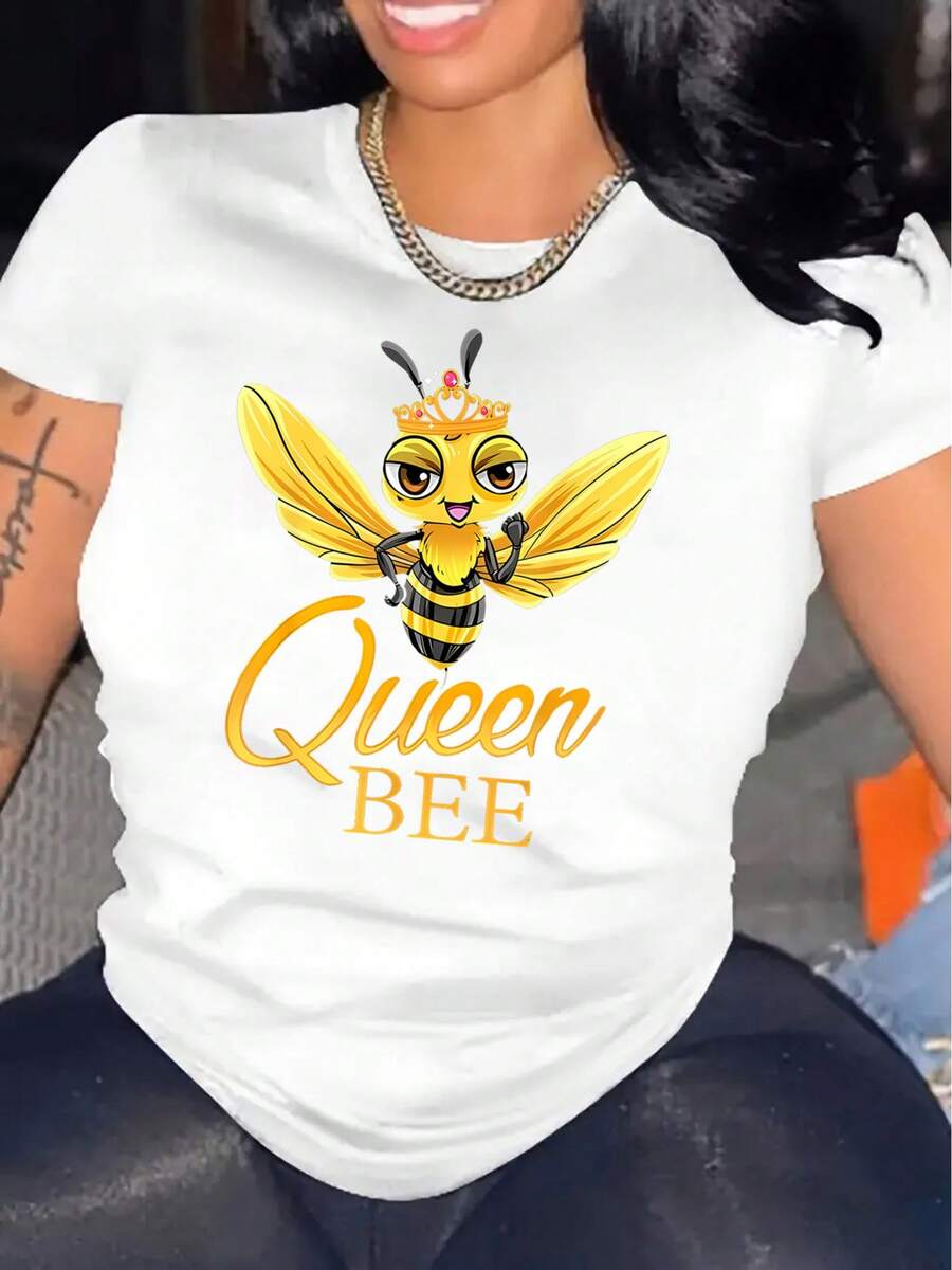 Women's Queen Bee Graphic T-Shirt - Cartoon Crowned Bee Print, Casual Short Sleeve Top, Black And Yellow Summer T-Shirt, Soft And Stretchy Crew Neck, Machine Washable, Bee Clothing, All Season Top, Casual Wear, Medium Elasticity T-Shirt Y2k - 白色 - 查看 1