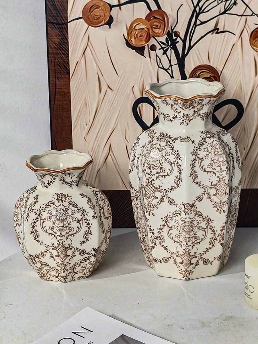 1件套复古棕色花卉陶瓷花瓶（2个），中式美学花瓶，家居装饰，复古装饰花瓶，适用于客厅、农舍、书架、壁炉架、插花。
