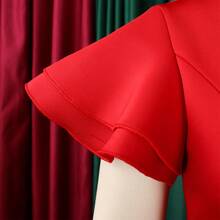Nuevo Vestido Ajustado Color Sólido con Volantes Estilo Europeo Americano Elegante - Rojo - Ver 4