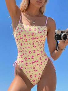 Traje de baño de una pieza con estampado de leopardo y cordones en el cuello para mujer, casual para playa y fiestas de primavera/verano, marrón/rojo - Multicolor - Ver 4