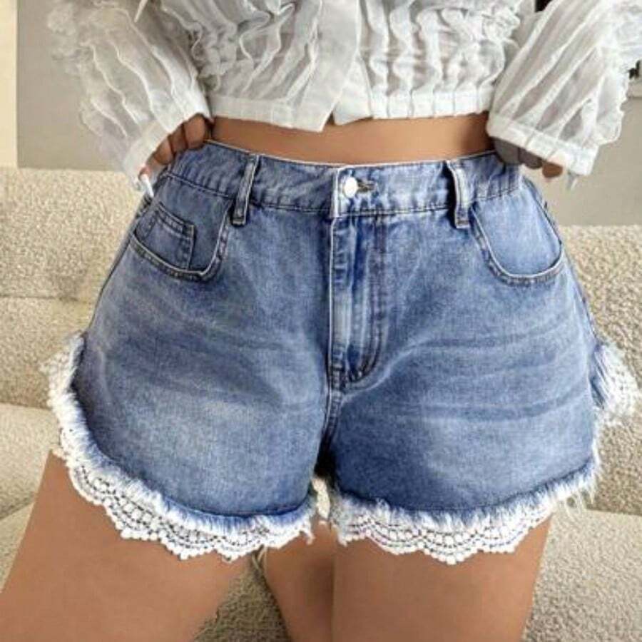 ICON Plus Size Women's Fashionable Vintage American Style Blue Fringe Denim Shorts For Summer - Azul - Ver 1