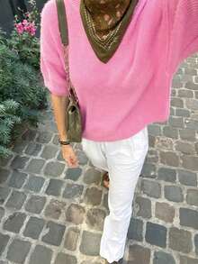 Women's Loose Fit Round Neck Drop Shoulder Short Sleeve Casual Knit Top In Pink Tones, Suitable For Home, Leisure, Vacation, Valentine's Day, Daily Wear, Beach Holiday Summer - Pink - View 3