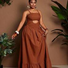Plus Size Sexy Spaghetti Strap Hollow Out Pleated Backless Summer Dress - Marrón - Ver 4
