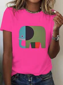 Plus Size, Women's Oversized T-Shirt With Abstract Elephant And Letter Print '' (For Mare/ Marie) - Round Neck, Casual, Warm For Winter - Machine Washable, Comfortable - Chinese Textile Product Labeling - In Stock For Immediate Delivery - Hot Pink - View 6