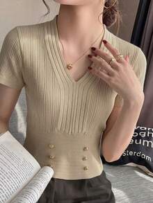 2026春夏新款杏色双排扣罗纹针织衫，优雅适合年轻女士，V领短袖上衣，修身腰部设计，适合工作和约会穿着。 - 卡其色 - 查看 1