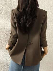 Chaqueta blazer de mujer de unicolor con cuello de solapa, adecuada para uso diario y para ir al trabajo - Marrón - Ver 5