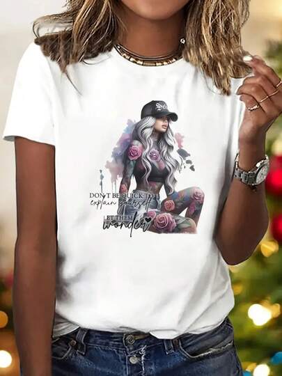 A Women's T-Shirt Featuring Y2K Retro Cartoon Art, Depicting A Tattooed Woman And A Rose Design, Along With The Phrase "Don't Judge Women". It's A Casual Short-Sleeved Top With A Crew Neck.