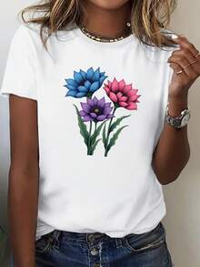 Women's T-Shirt With A Soft Floral Print – Relaxed Fit, Short Sleeves, Round Neck, Black With Blue And Pink Floral Pattern, Breathable And Machine Washable, Casual Leisurewear, Comfortable Top For All Seasons, The Choice Of Fashion Lovers, A Must-Have For Spring, A Favorite Piece For Fashion-Conscious Women, Printed Blouse, Women's Top, T-Shirt For Women, Graphic T-Shirt For Women - White - View 1