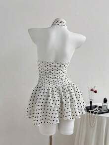 Vestido mini ajustado con cuello en V profundo y espalda descubierta con estampado de lunares negros y blancos y volantes en el bajo, elegante, romántico, bohemio, sexy y casual, versátil vestido de verano para mujer - Negro - Ver 8